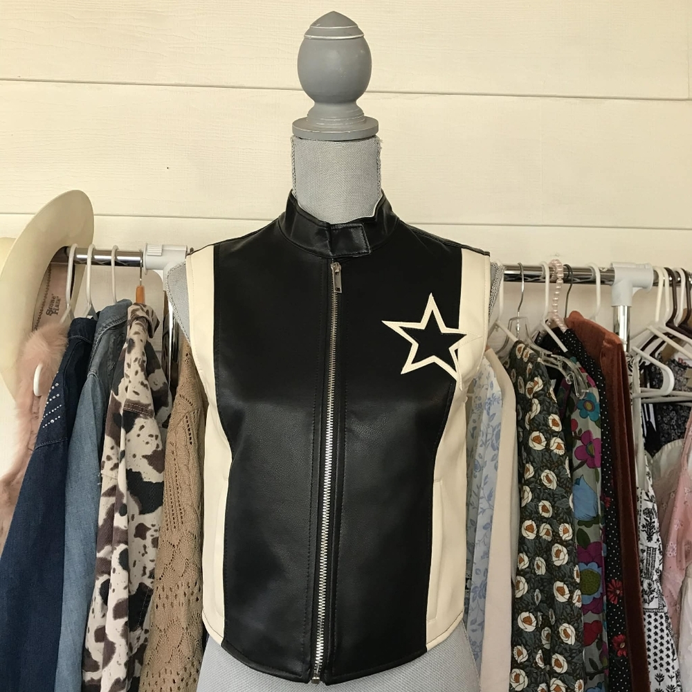 Stoosh Black and Cream Faux Leather Star Vest